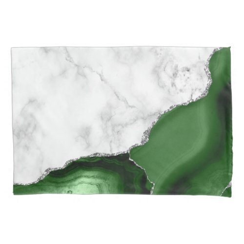 White Marble Hunter Green Agate Silver Glitter Pillow Case