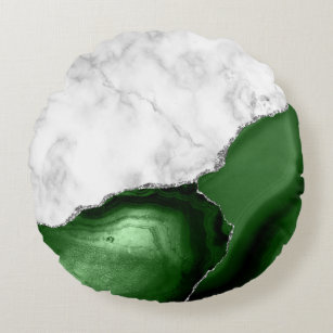 White Marble Hunter Green Agate Silver Glitter Round Pillow