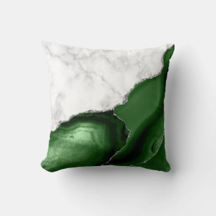 White Marble Hunter Green Agate Silver Glitter Throw Pillow
