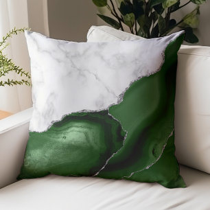 White Marble Hunter Green Agate Silver Glitter Throw Pillow