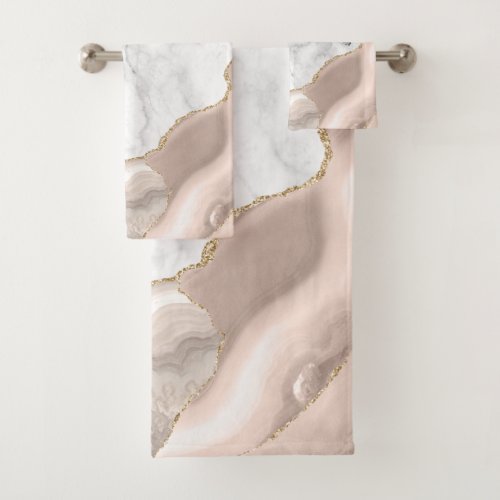 White Marble Ivory Beige Agate Gold Glitter Bath Towel Set