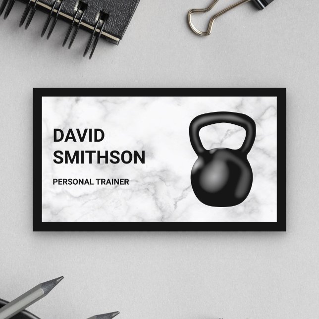 White Marble Kettlebell Fitness Personal Trainer Business Card (Creator Uploaded)