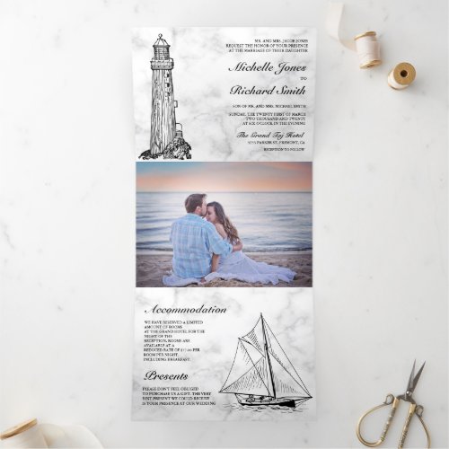White Marble Lighthouse Sailboat Nautical Wedding  Tri_Fold Invitation