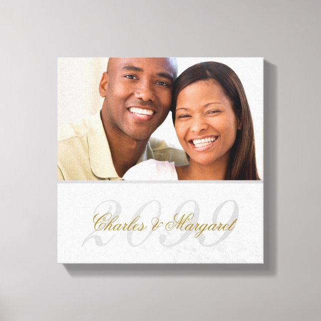 White Marble Look Anniversary Name SQUARE Photo Canvas Print (Front)