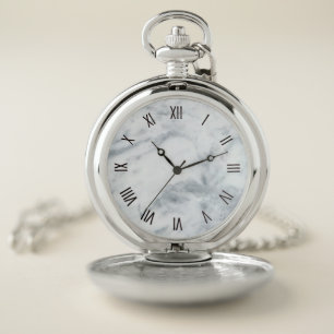 White Marble Look Black Numerals Pocket Watch