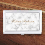 White marble look elegant calligraphy script font business card case<br><div class="desc">Elegant business card holder featuring your name in an elegant calligraphy script font with the title below on a printed marble look background</div>
