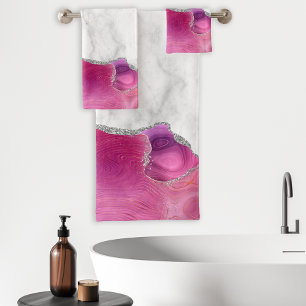 White Marble Magenta Pink Agate Silver Glitter Bath Towel Set