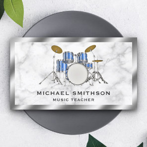 White Marble Metallic Blue Drum Kit Drummer Business Card