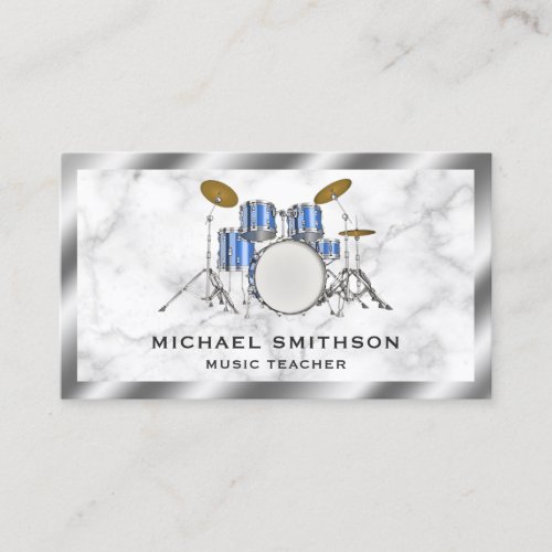 White Marble Metallic Blue Drum Kit Drummer Business Card
