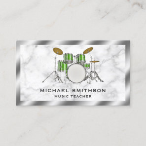 White Marble Metallic Green Drum Kit Drummer Business Card