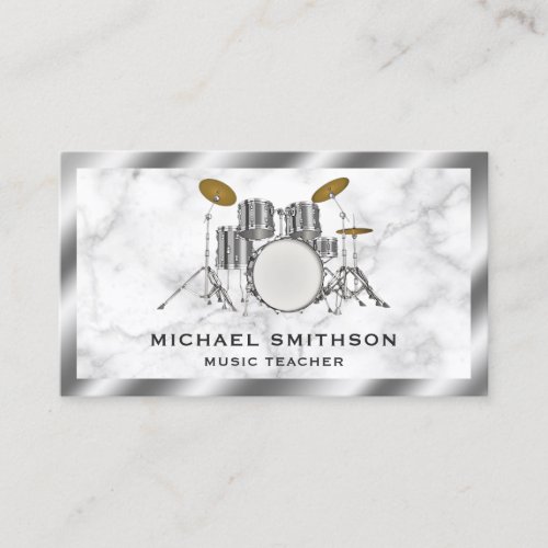 White Marble Metallic Grey Drum Kit Drummer Business Card