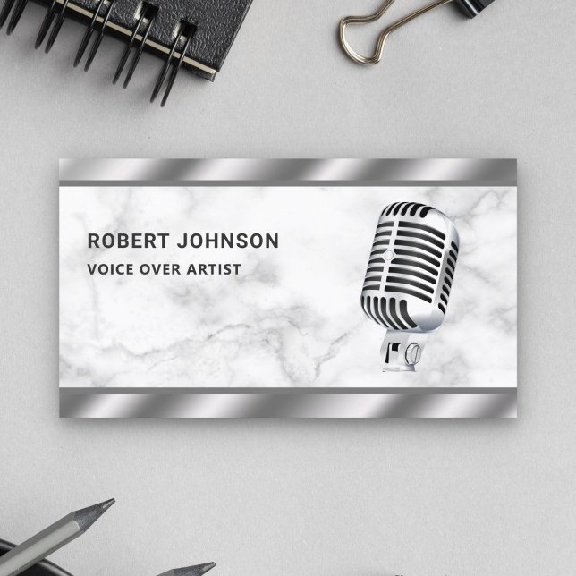 White Marble Metallic Microphone Voice Over Artist Business Card (Creator Uploaded)