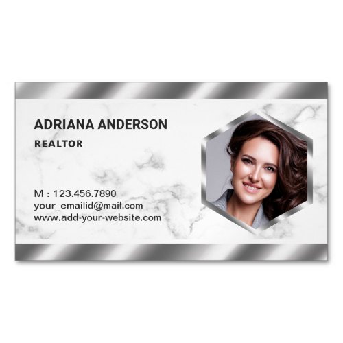 White Marble Metallic Real Estate Photo Realtor Business Card Magnet