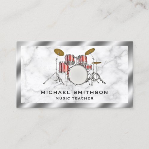 White Marble Metallic Red Drum Kit Drummer Business Card