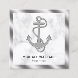 White Marble Metallic Steel Nautical Rope Anchor Square Business Card