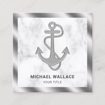 White Marble Metallic Steel Nautical Rope Anchor Square Business Card by ShabzDesigns at Zazzle
