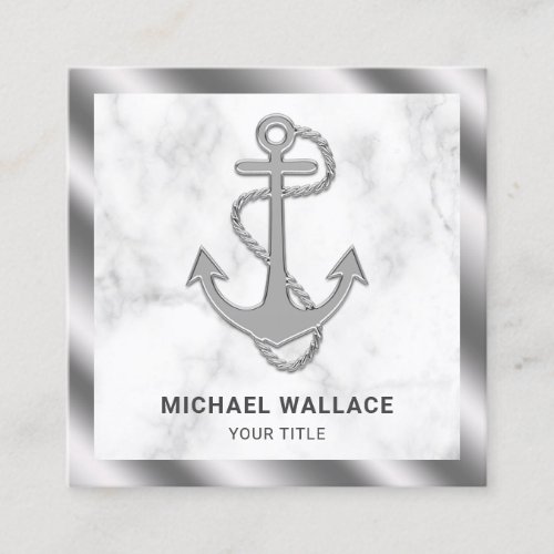 White Marble Metallic Steel Nautical Rope Anchor Square Business Card