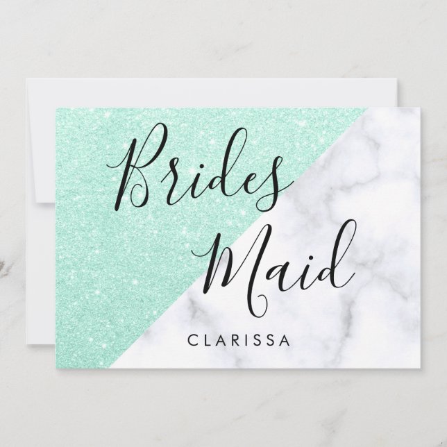White marble & mint green glitter bridesmaid invitation (Front)