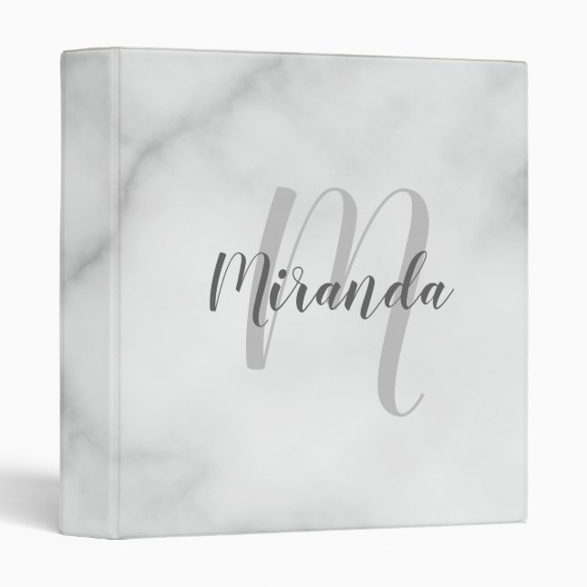 White Marble Modern Script Monogram and Name 3 Ring Binder (Front/Spine)