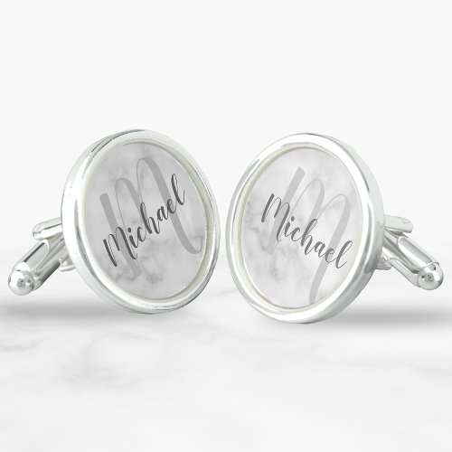 White Marble Modern Script Monogram and Name Cufflinks