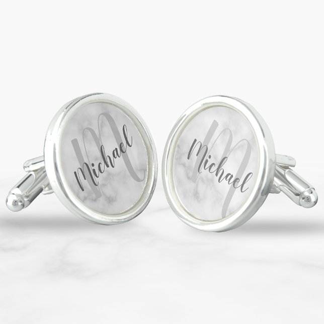 White Marble Modern Script Monogram and Name Cufflinks (Creator Uploaded)