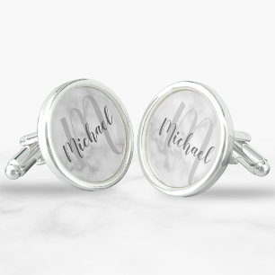 White Marble Modern Script Monogram and Name Cufflinks
