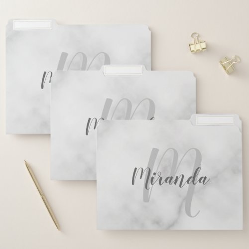 White Marble Modern Script Monogram and Name File Folder