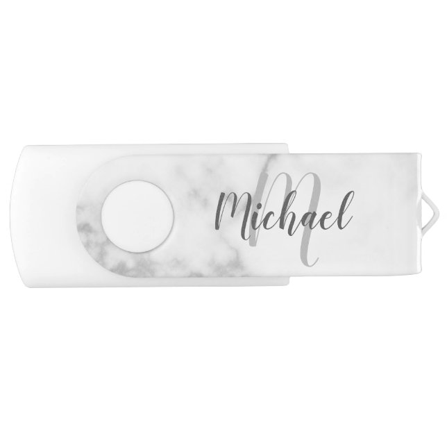 White Marble Modern Script Monogram and Name Flash Drive (Front)