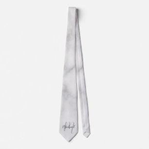 White Marble Modern Script Monogram and Name Neck Tie