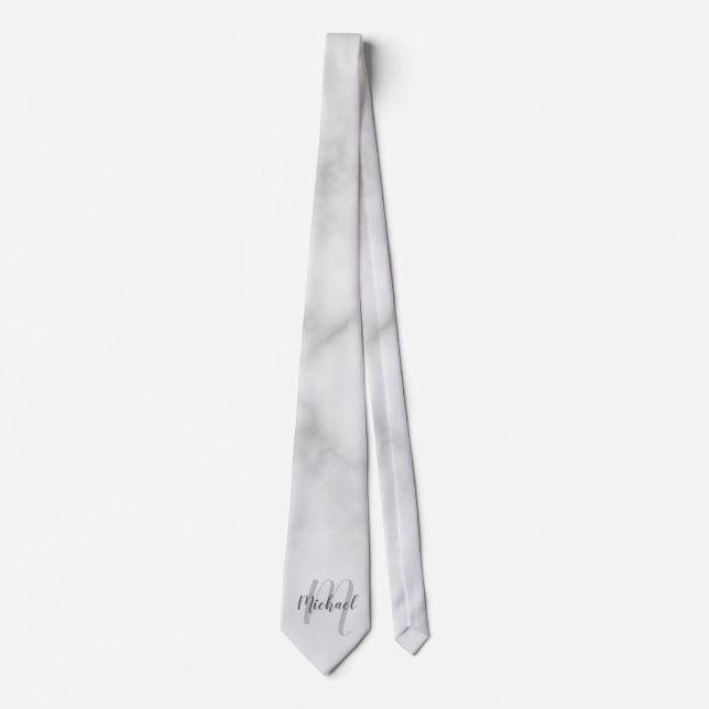 White Marble Modern Script Monogram and Name Neck Tie (Front)