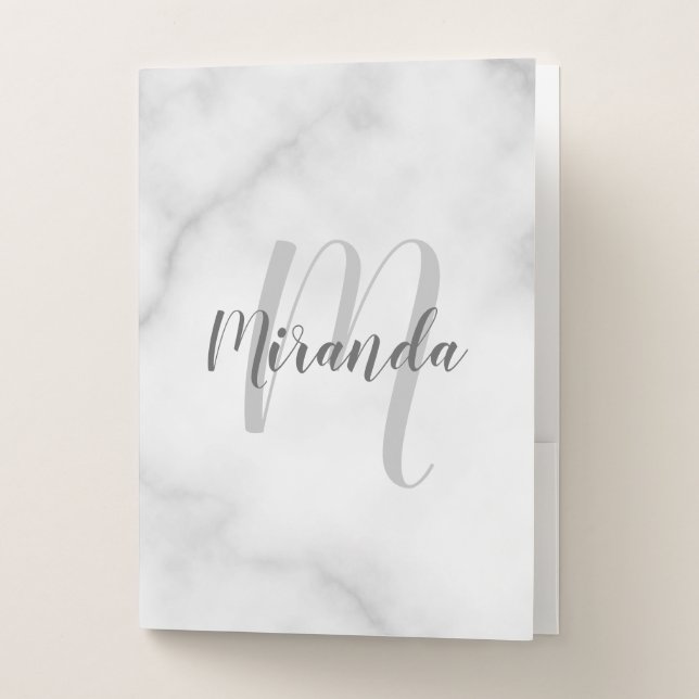 White Marble Modern Script Monogram and Name Pocket Folder (Front)