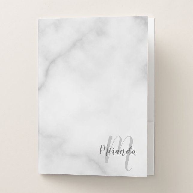 White Marble Modern Script Monogram and Name Pocket Folder (Front)
