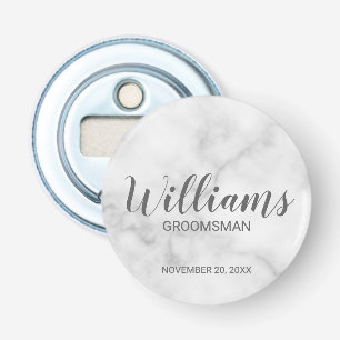 White Marble Modern Script Personalized Groomsman Bottle Opener