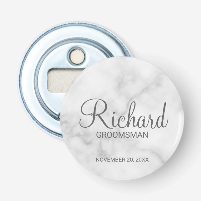 White Marble Modern Script Personalized Groomsman Bottle Opener (Front)