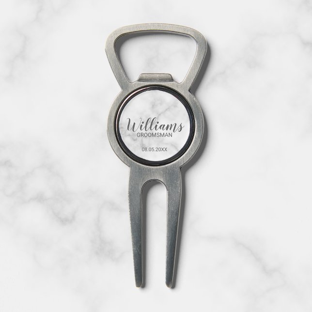 White Marble Modern Script Personalized Groomsman Divot Tool (Creator Uploaded)
