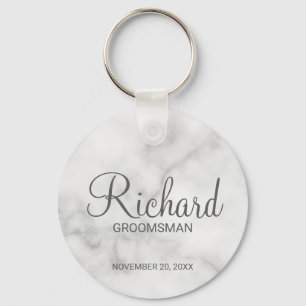 White Marble Modern Script Personalized Groomsman Keychain