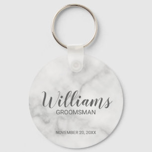 White Marble Modern Script Personalized Groomsman Keychain