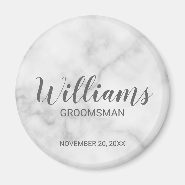 White Marble Modern Script Personalized Groomsman Magnet (Front)