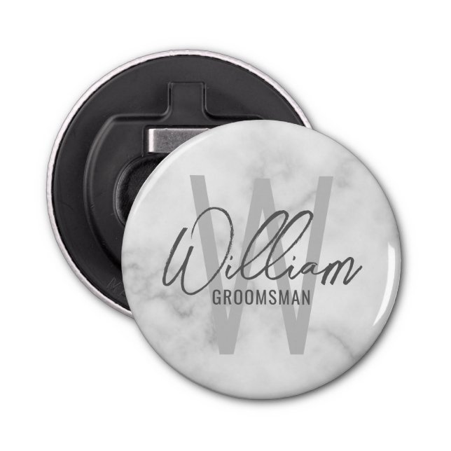 White Marble Modern Script Personalized Groomsmen Bottle Opener (Front)