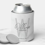 White Marble Modern Script Personalized Groomsmen Can Cooler<br><div class="desc">Modern Minimalist Personalized Monogram and Name Gifts This design features personalized name in grey modern handwriting script font style and monogram in light grey modern sans serif font style as background, with wedding details in grey modern sans serif font style, on white marble background. Also perfect for best man, maid...</div>