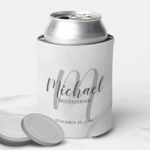 White Marble Modern Script Personalized Groomsmen Can Cooler