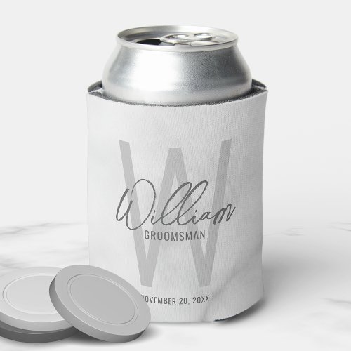 White Marble Modern Script Personalized Groomsmen Can Cooler