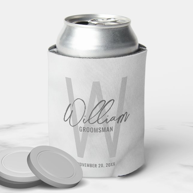 White Marble Modern Script Personalized Groomsmen Can Cooler (Creator Uploaded)