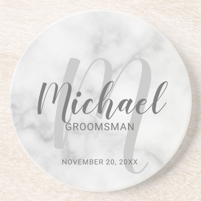 White Marble Modern Script Personalized Groomsmen Coaster (Front)