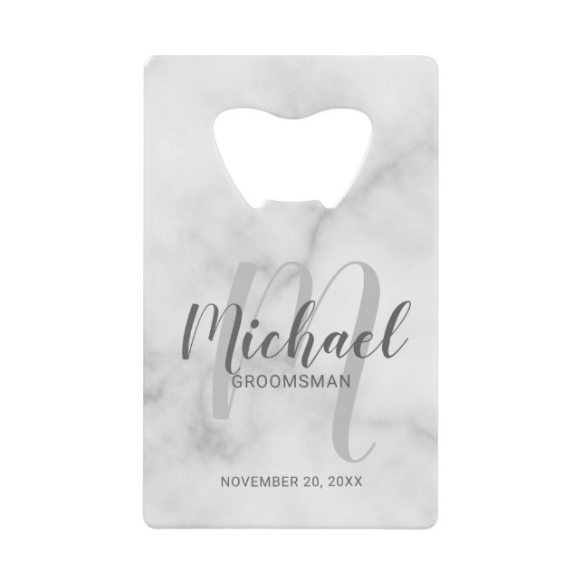 White Marble Modern Script Personalized Groomsmen Credit Card Bottle Opener (Front)