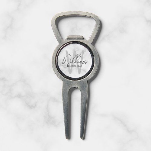 White Marble Modern Script Personalized Groomsmen Divot Tool