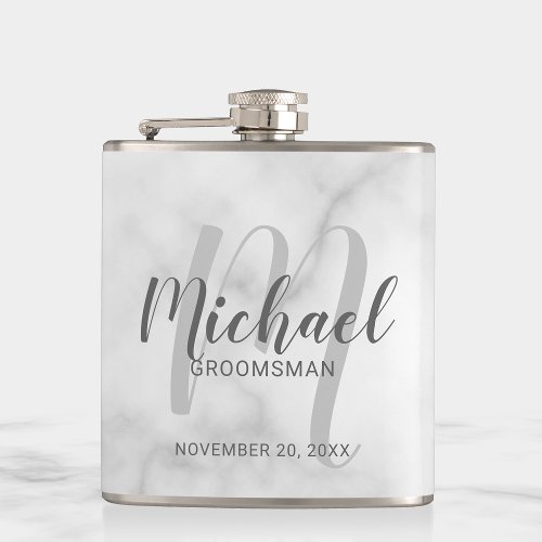 White Marble Modern Script Personalized Groomsmen Flask