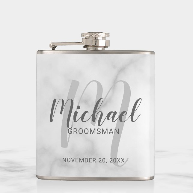 White Marble Modern Script Personalized Groomsmen Flask (Creator Uploaded)