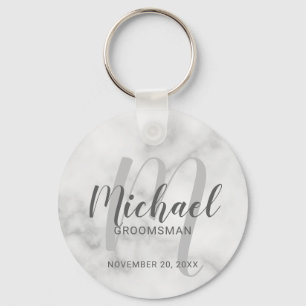 White Marble Modern Script Personalized Groomsmen Keychain