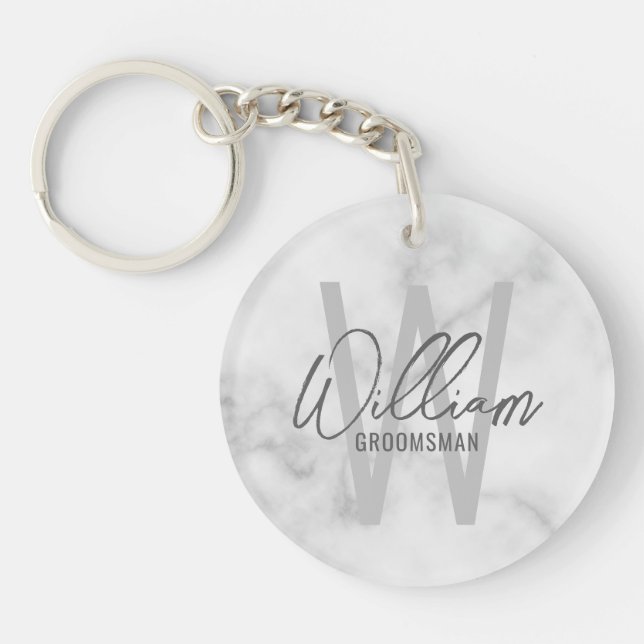 White Marble Modern Script Personalized Groomsmen Keychain (Front)